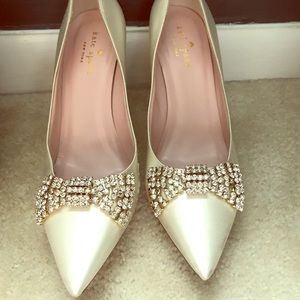 Kate Spade White Satin Pumps with Crystal Bow